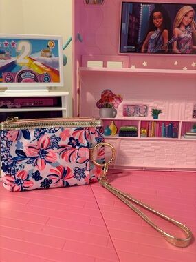 Lilly Pulitzer Floral Wristlet in Pink, Coral, & Gold leather trim